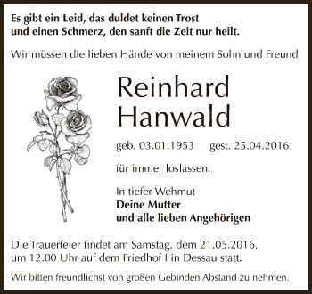Traueranzeige von Reinhard Hanwald von WVG - Wochenspiegel Dessau / Köthen