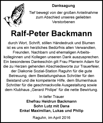 Traueranzeige von Ralf-Peter Backmann von Mitteldeutsche Zeitung Bitterfeld