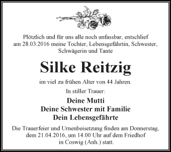 Traueranzeige von Silke Reitzig von WVG - Wochenspiegel Dessau / Köthen