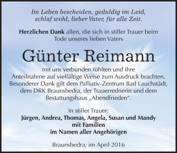 Traueranzeige von Günter Reimann von Mitteldeutsche Zeitung Merseburg/Querfurt