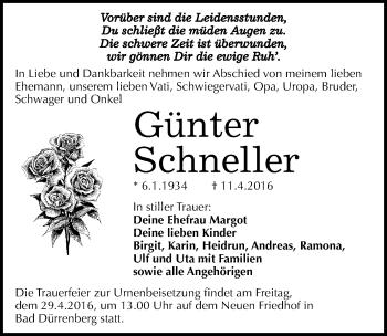 Traueranzeige von Günter Schneller von Mitteldeutsche Zeitung Merseburg/Querfurt
