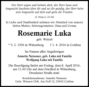 Traueranzeige von Rosemarie Luka von Mitteldeutsche Zeitung Wittenberg