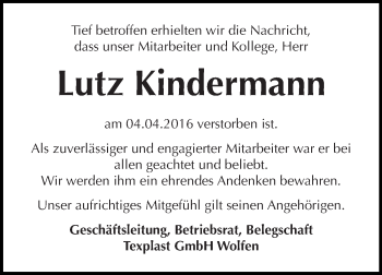 Traueranzeige von Lutz Kindermann von WVG - Wochenspiegel Bitterfeld