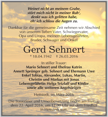 Traueranzeige von Gerd Sehnert von Mitteldeutsche Zeitung Mansfelder Land