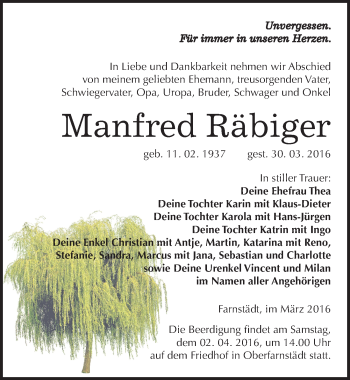 Traueranzeige von Manfred Räbiger von Mitteldeutsche Zeitung Merseburg/Querfurt