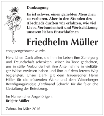 Traueranzeige von Friedhelm Müller von WVG - Wochenspiegel Wittenberg