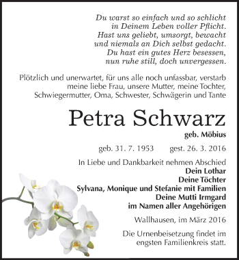 Traueranzeige von Petra Schwarz von Mitteldeutsche Zeitung Sangerhausen