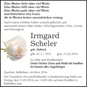 Traueranzeige von Irmgard Scheler von WVG - Wochenspiegel Merseburg