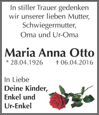 Traueranzeige von Maria Anna Otto von WVG - Wochenspiegel Dessau / Köthen
