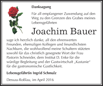 Traueranzeige von Joachim Bauer von WVG - Wochenspiegel Dessau / Köthen