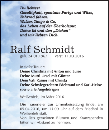 Traueranzeige von Ralf Schmidt von Mitteldeutsche Zeitung Weißenfels
