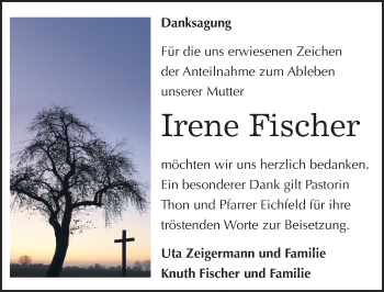 Traueranzeige von Irene Fischer von Mitteldeutsche Zeitung Halle/Saalkreis