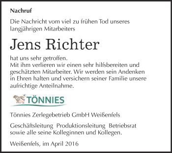 Traueranzeige von Jens Richter von WVG - Wochenspiegel NMB / WSF / ZTZ