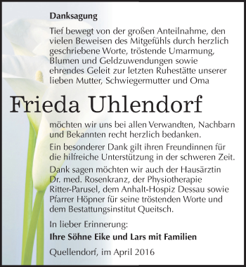 Traueranzeige von Frieda Uhlendorf von Mitteldeutsche Zeitung Köthen