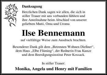 Traueranzeige von Ilse Bennemann von Mitteldeutsche Zeitung Dessau-Roßlau