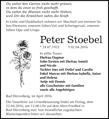 Traueranzeige von Peter Stoebel von Mitteldeutsche Zeitung Merseburg/Querfurt