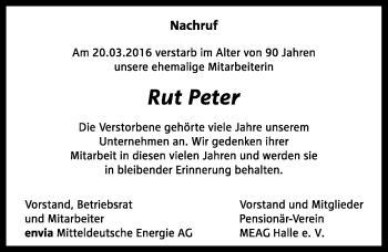Traueranzeige von Rut Peter von Mitteldeutsche Zeitung Halle/Saalkreis