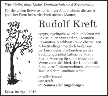 Traueranzeige von Rudolf Kreft von WVG - Wochenspiegel Wittenberg