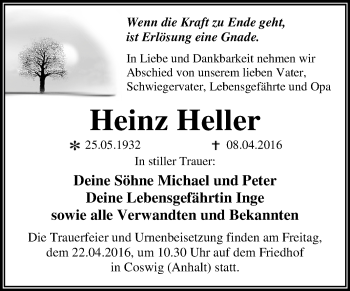 Traueranzeige von Heinz Heller von WVG - Wochenspiegel Dessau / Köthen