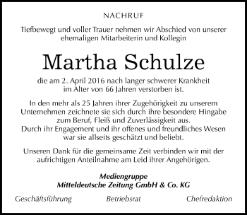 Traueranzeige von Martha Schulze von Mitteldeutsche Zeitung Aschersleben