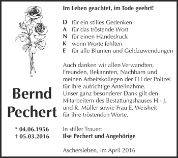 Traueranzeige von Bernd Pechert von Super Sonntag Aschersleben