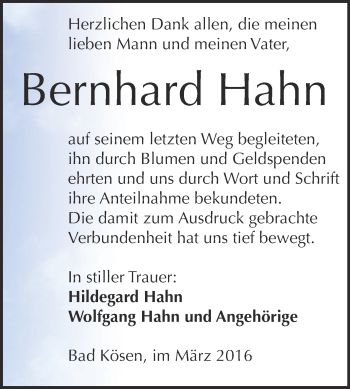 Traueranzeige von Bernhard Hahn von WVG - Wochenspiegel NMB / WSF / ZTZ