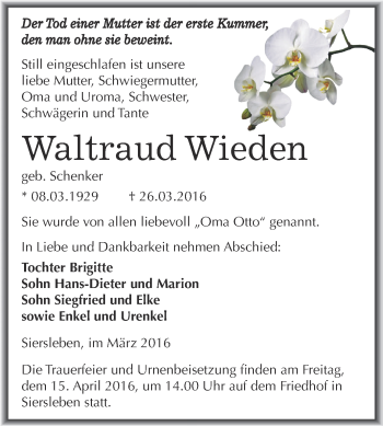 Traueranzeige von Waltraud Wieden von Wochenspiegel Mansfelder Land