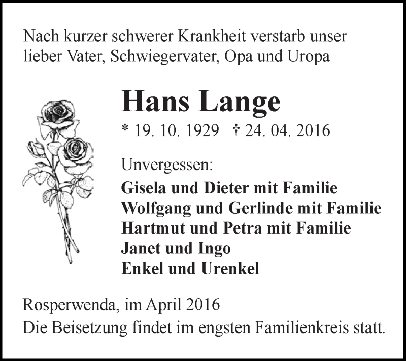  Traueranzeige für Hans Lange vom 30.04.2016 aus Super Sonntag SGH Mansf. Land