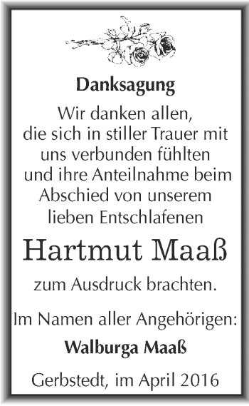 Traueranzeige von Hartmut Maaß von Wochenspiegel Mansfelder Land