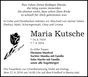 Traueranzeige von Maria Kutsche von Mitteldeutsche Zeitung Merseburg/Querfurt
