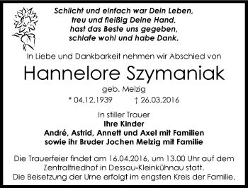 Traueranzeige von Hannelore Szymaniak von Mitteldeutsche Zeitung Dessau-Roßlau
