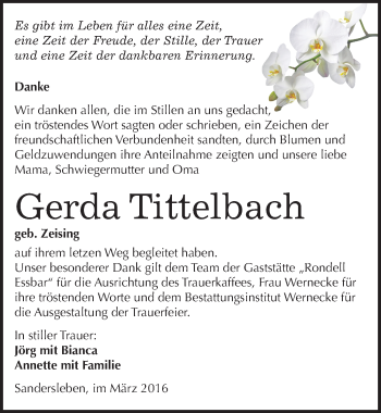 Traueranzeige von Gerda Tittelbach von Mitteldeutsche Zeitung Mansfelder Land
