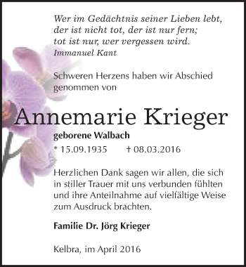 Traueranzeige von Annemarie Krieger von Mitteldeutsche Zeitung Sangerhausen