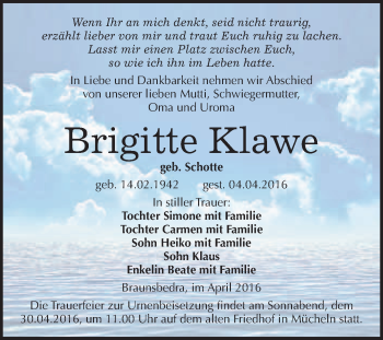 Traueranzeige von Brigitte Klawe von WVG - Wochenspiegel Merseburg