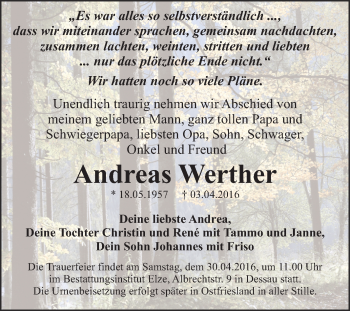 Traueranzeige von Andreas Werther von WVG - Wochenspiegel Dessau / Köthen