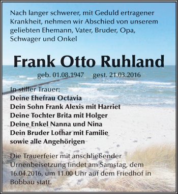 Traueranzeige von Frank Otto Ruhland von Mitteldeutsche Zeitung Bitterfeld