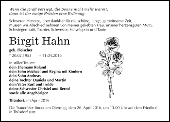 Traueranzeige von Birgit Hahn von Mitteldeutsche Zeitung Naumburg/Nebra
