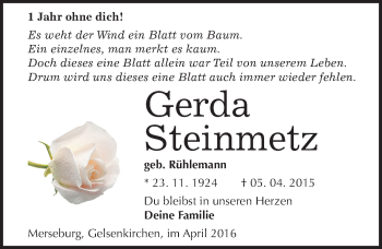 Traueranzeige von Gerda Steinmetz von Mitteldeutsche Zeitung Merseburg/Querfurt