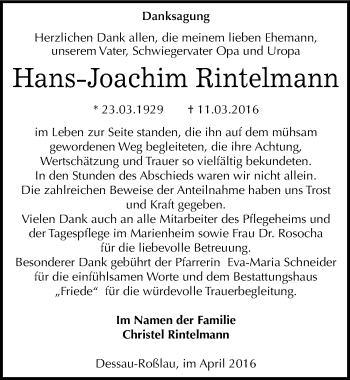 Traueranzeige von Hans-Joachim Rintelmann von Mitteldeutsche Zeitung Dessau-Roßlau