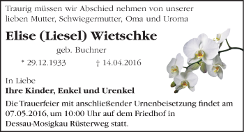 Traueranzeige von Elise Wietschke von Mitteldeutsche Zeitung Dessau-Roßlau