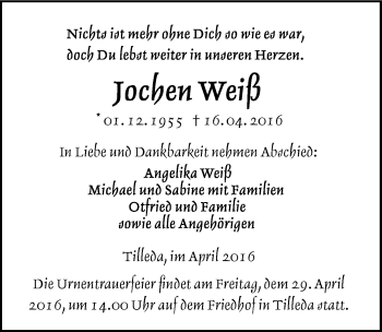 Traueranzeige von Jochen Weiß von Mitteldeutsche Zeitung Sangerhausen