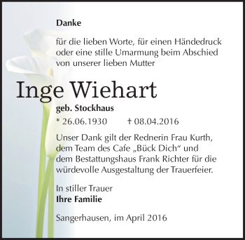 Traueranzeige von Inge Wiehart von Mitteldeutsche Zeitung Sangerhausen