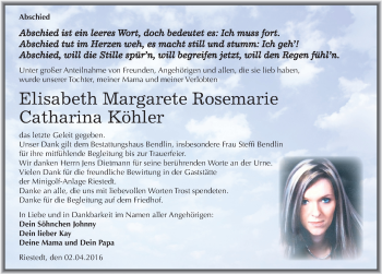 Traueranzeige von Elisabeth Margarete Rosemarie Catharina Köhler von Mitteldeutsche Zeitung Sangerhausen