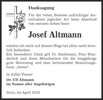 Traueranzeige von Josef Altmann von Super Sonntag Zeitz