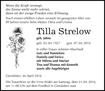 Traueranzeige von Tilla Strelow von Mitteldeutsche Zeitung Aschersleben