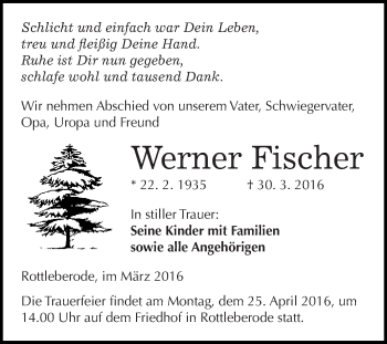 Traueranzeige von Werner Fischer von Super Sonntag SGH Mansf. Land