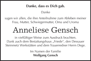 Traueranzeige von Anneliese Gensch von WVG - Wochenspiegel Dessau / Köthen