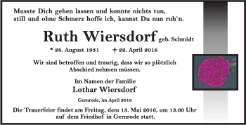 Traueranzeige von Lothar Wiersdorf von WVG - Wochenspiegel Quedlinburg