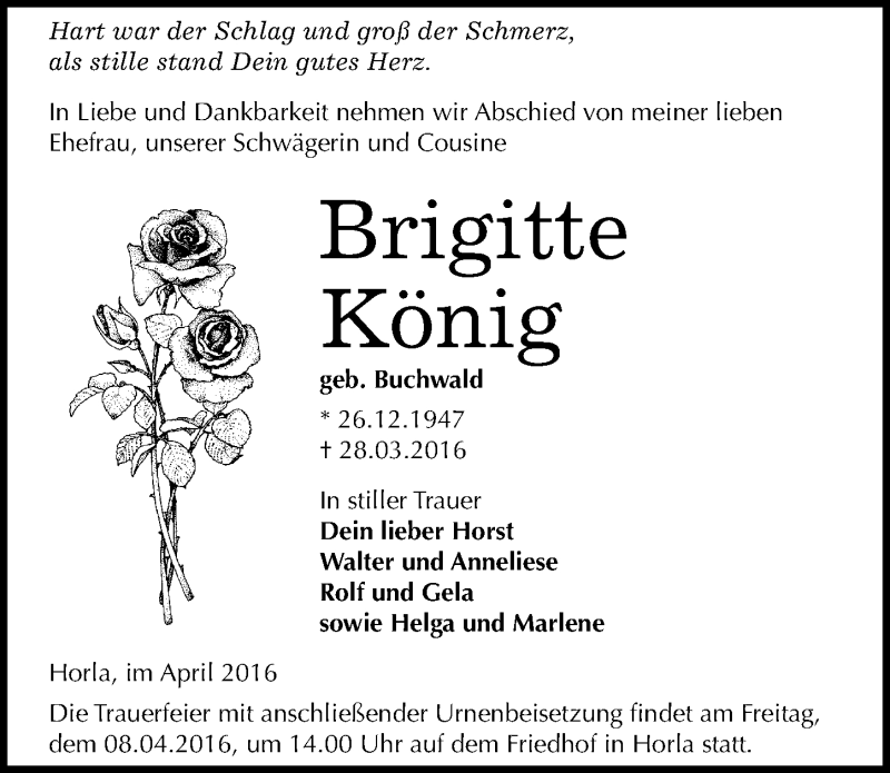 Traueranzeige für Brigitte König vom 02.04.2016 aus Mitteldeutsche Zeitung Sangerhausen