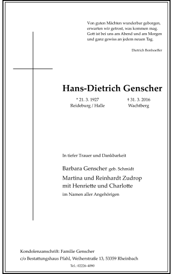 Traueranzeige von Hans-Dietrich Genscher von Mitteldeutsche Zeitung